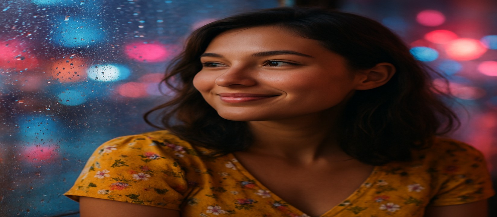 চমৎকার উজ্জ্বল আলোয় পরিপূর্ণ গেমিং প্ল্যাটফর্মের পরিবেশে আর্কেড মেশিনের পাশে হাসিখুশি এক তরুণী